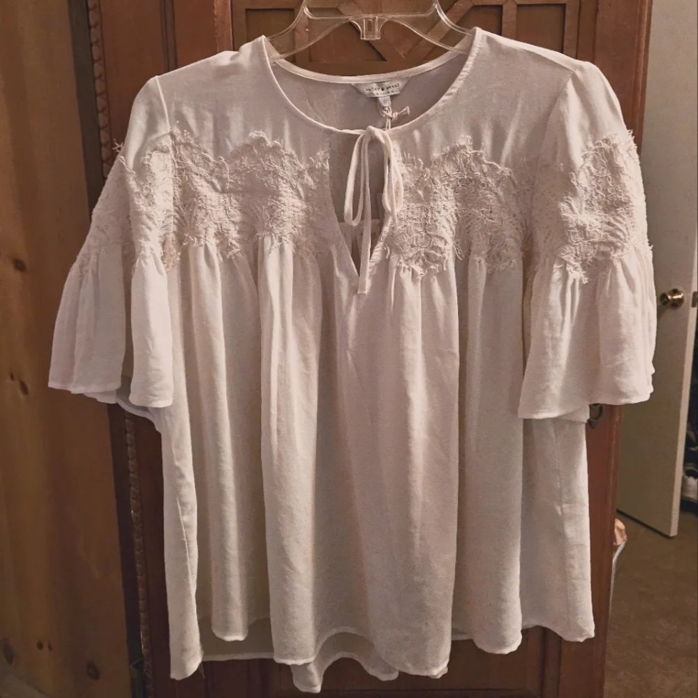 Lucky Brand White Peasant Keyhole Lace Accent Oversized Womens Top Blouse Size S - Picture 1 of 7